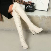 PU Leder Frauen Über das Knie Stiefel Plattform Platz High Heel Damen Lange Stiefel Mode Kreuz Gebunden Frauen Winter Schuhe beige