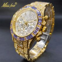 Luxus Gold Männer Uhr Wasserdicht Edelstahl Iced Armband Lila Diamant Uhren Für Männer Drei