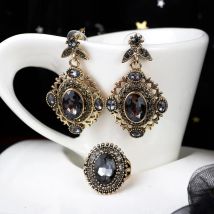 Sunspicems Drop Ohrring Ring Schmuck Sets für Frauen Antike Gold Farbe Grau Kristall Voller Strass Böhmen Vintage Hochzeit Geschenk