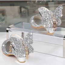 Princess Kids Leather Shoes For Girls Glitter Butterfly Knot Dress Party Children High Heel Csuals Shoe For kids Pink Silver