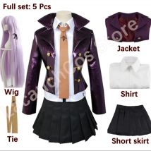 LacauchCos Anime Danganronpa Kyoko Kirigiri Cosplay Kostüm Kleid Set mit Frauen Halloween Perücke kurzen Rock Jacke Hemd Krawatte