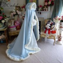 PEORCHID Light Blue Ivory Faux Fur Victorian Cape Long Warm Satin With Hooded Customized Wedding Cloak Bridal Winter Women Shawl