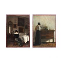 Vintage Woman Reading Interior Scene Oil Painting Canvas Posters Antique Women Portrait Prints Rustic Country Wall Art Decor