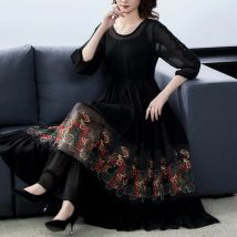 Frauen schwarz Mesh Blumen stickerei elegantes Maxi kleid 2024 Frühling Vintage zweiteiliges Kleid Bodycon Party Abend Vestidos