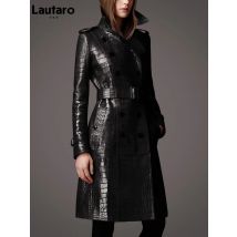 Lautaro autunno lungo nero modello coccodrillo Pu Trench in pelle per le donne cintura doppio petto elegante stile britannico moda
