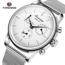 Forsining Power Reserve Design Automatische Mechanische Uhr Weißes Zifferblatt Mesh Gürtel