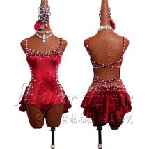 Pole Dancing Vestito da ballo latino Tubo d'acciaio Costumi per ragazza Gonna Abito da esibizione Adulto Personalizza Bambini Velluto elasticizzato Vino rosso