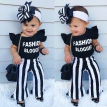 1-6Y Baby Mädchen 2 stück kleidung set Kleinkind Sommer Beiläufige Kurze Blütenblatt Hülse Schwarz T-shirts Tops Gestreiften Flare Hosen outfits