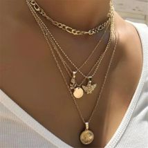 New Vintage Gold-plate Coin Rose Angel Disc Pendant Necklaces For Women Female Multilevel Chain Collar Jewelry Gift Wholesale