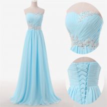 A-Linie Chiffon, elegant, mit Perlen verziert, herzförmig, schulterfrei, Brautjungfernkleider, Hochzeit, Party, Abend, formeller Abschlussball, bodenlanges Korsett