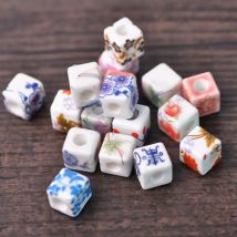 10 Stück würfelförmige 10 mm Blumenmalerei-Keramik-Porzellan-Perlen für die Schmuckherstellung, DIY-Bastelbedarf