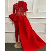 Customized Plus Size Evening Jumpsuit with Train Lace Stain Velvet Long Sleeve Ruffles Peplum Arabic Prom dress with pant suit
