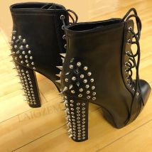 LAIGZEM Nieten-Damen-Knöchel-Plateau-Booties, klobige High Heels, Punk-Metall-Deko, kurze Stiefel, Schuhe für Damen, große Größe 43, 44, 46 47