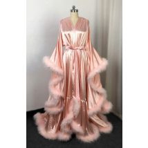 Silk Wedding Bathrobe Women's Feather Bath Gown With Button Long Sleeves Bridal Robe Wedding Nightgown