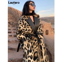 Lautaro Winter Long Leopard Print Warm Fluffy Faux Fur Trench Coat for Women Long Sleeve Double Breasted European Fashion 2021