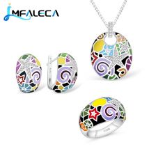 LMFALECA Frauen 925 Sterling Schmuck Sets Mehrfarbigen Emaille Muster Clip Ohrringe Ring Halskette