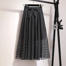 Polka Dot Midi Chiffon Rock Frühling Sommer Frauen Mode Gürtel Hohe Taille Lange Plissee Röcke Weibliche Boho Weiß Schwarz Maxi rock
