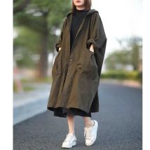 5544 Artsy Women Mid-Length Hooded Trench Coat Casual Simple All-Match Big Pocket Elegant Daily Fashion Urban Green Windbreaker