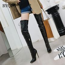 BYQDY Luxus Marke Sexy PU Leder Cross Strap Über die Knie Stiefel Frau Spitz Verband Stiletto Ferse