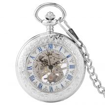 Silberne mechanische Handaufzug antike Taschenuhr exquisite blaue römische Ziffern Display Skelett Anhänger Uhr Geschenke ältere Menschen
