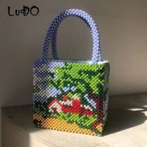 Crystal Acrylic Hand-woven Pearl Beading Bag Handmade Women Tote Handbag Colorful Beading Pochette Daily Party Purse Girls Bag
