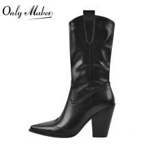 Onlymaker Damen-Stiefel mit spitzer Zehenpartie, mittelhoher Wade, mattschwarz, zum Nähen, bestickt,