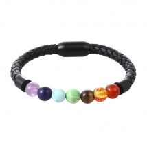 Fashion Seven Color Rainbow Bead Leather Bracelet Jewelry Stainless Steel Magnetic Clasp  for Men Women Blessing Luck Gift