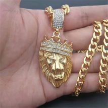 Hip Hop voll vereist bling Löwe Strass Edelstahl kubanische Kette Gold Farbe Anhänger & Halsketten für Männer Schmuck Drops hip