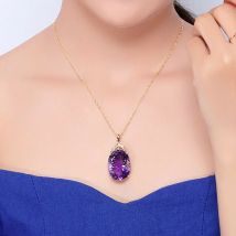 Edelstein Charm18k Gold Überzogene 36CT Amethyst Farbe Oval Kristall Anhänger Halskette Dame Hochzeit Schmuck