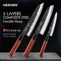 HEZHEN 1-3PC Küchenmesser-Set Chef Utility Santoku Professioneller verkleideter Stahl Japanischer