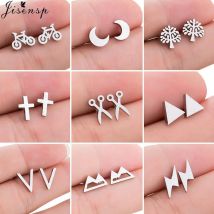 Small Stainless Steel Earrings Women Punk Jewelry Fashion Moon Leaf Scissors Snow Mountain Stud Earring Best Gift for Friends
