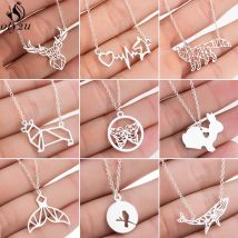 Punk Silver Color Animal Charm Stainless Steel Necklaces for Women Origami Whale Rabbit Birds Fox Dog Necklace Chokers Accessory
