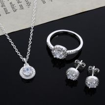 925er Sterlingsilber, süßes solides Weihnachtsgeschenk, edle Mode, elegante Damen, glänzender Kristall, CZ, Halskette, Ohrring, Ring, Schmuckset