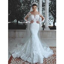 Sparkly Lace Wedding Dress Mermaid Illusion Bodice vestido de noiva Long Sleeve Sheer Neck Appliques Bridal Gowns 2020 Spring
