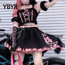 Lolita Girls Sweet Tank Top And Skirt 2-piece set High Waist Ruffles Bow Pleated Skirt Harajuku Cute Cake Mini Skirts