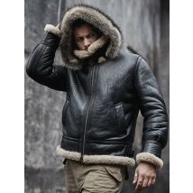 Denny&Dora Neue Herren-Lammfelljacke aus Schaffell, abnehmbare Kapuze, B3-Fliegerjacke, Fliegermantel mit Waschbärpelzkragen