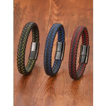 Punk Braided Genuine Leather Bracelet for Men Women Couple Jewelry Stainless Steel Magnetic Clasp Blue Red Yellow Birthday Gift