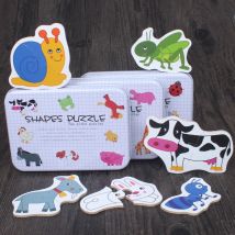 Große Größe Flake Baby Holzpuzzle Früherziehung Tier Obst Erkenntnis Paar Karte Puzzle Set mit Metallbox für Kinder Geschenk