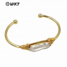WT-B489 WKT Natural Pearl Wire Wrapped Bangle Gold Bezel Irregular Pearl Bracelet Women Fashion Charm Bracelet Jewelry Gift