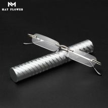 May Flower Mini Portable Reading Glasses Small Metal Rimless Presbyopic Eyewear With Pen Tube Case Mini Reading Eyeglasses+3.5+4