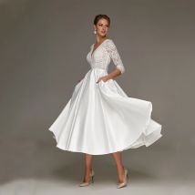 Tea Length Satin Wedding Dress A Line 3/4 Sleeve Lace Simple White Civil Short Bridal Gown Custom Plus Size Robe De Marirage