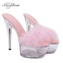 Shuzumiao Shoes Women 2020 Fur Sexy High Heel Slippers 15cm Fine With Waterproof Plartform Sandals Crystal Shoes Wedding Banquet