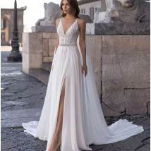 Böhmischen V-ausschnitt Hochzeit Kleid 2021 Sleeveless A-Line Seite Slit Spaghetti-trägern Backless