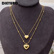 DIEYURO 316L Edelstahl Süße Gold Farbe Romantische Liebe Herz 2 Schichten Anhänger Halskette Für Frauen Valentinstag Geschenk