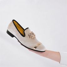 Men Party Dinner Formal Shoes Fashion Gentleman Wedding Dress Shoes for Men Casual Shoes Beige Velvet Loafers