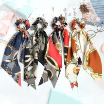 Fashion Women Girls Vintage Printting Hair Scrunchies Long Hair Ribbon Ponytail Scarf Elastic Satin Hair Band Hair Accessories