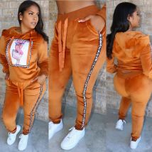 Mit kapuze Zwei Stück Set Langarm Frauen Herbst Dicke Samt Tops und Hose Zwei Stück Outfits Anzüge Damen Sweatsuit Trainingsanzug