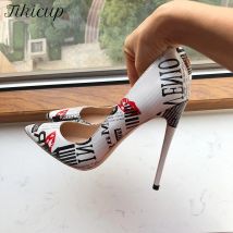 Tikicup Grafikdruck Damen Weiß Spitze Zehen High Heel Kleid Schuhe Sexy Damen Slip On Designer