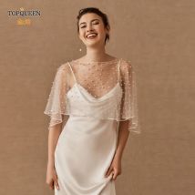 TOPQUEEN G27 Bolero Women Jacket Cape Pearls Beaded Piping Round Neck Sleeveless Cape Bridal Shawl Jacket for Party Dress DIY