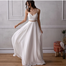 Maßgeschneiderte einfache Boho-Hochzeitskleider, 2-teilig, A-Linie, Spaghettiträger, rückenfrei,